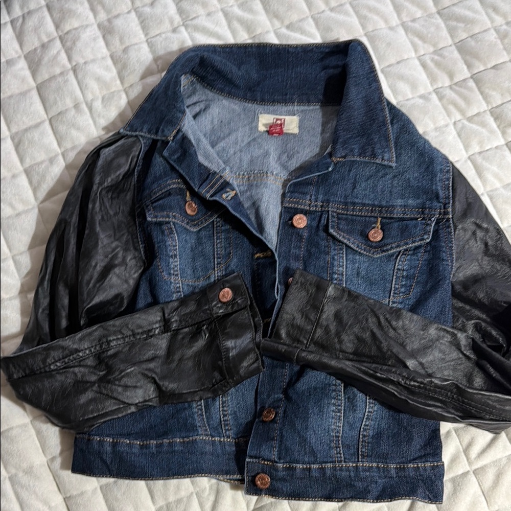 Denim Jacket with Black Faux Leather Sleeves